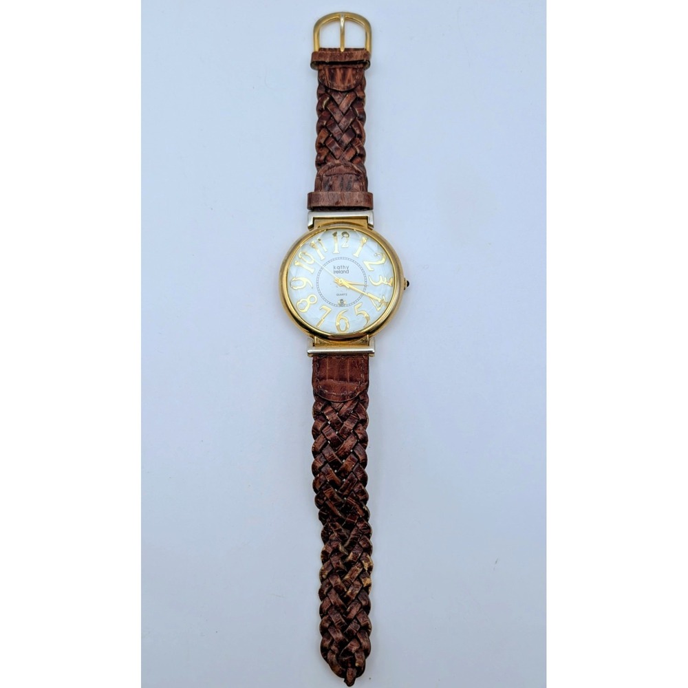 VTG Kathy Ireland GoldTone Brown Braided Leather Band Womens Watch New battery - Picture 4 of 7